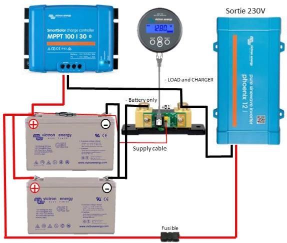 Plan de montage kit solaire 12V avec 2 batteries en parallèle et un convertisseur 230V