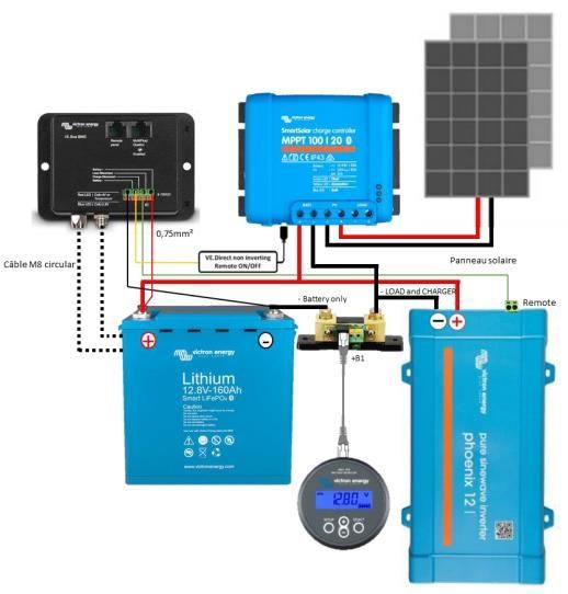 Plan de montage kit solaire 12V avec convertisseur 230V + Batterie Lithium Smart avec VE Bus BMS