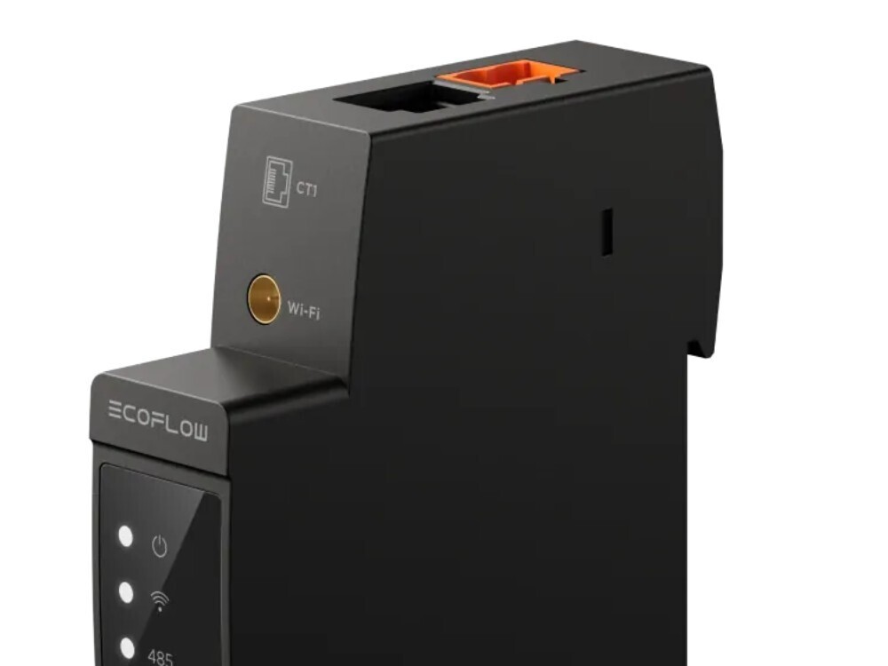 Connectique du compteur EcoFlow Dual CT : ports CT, bouton Wi-Fi et bornier RS485