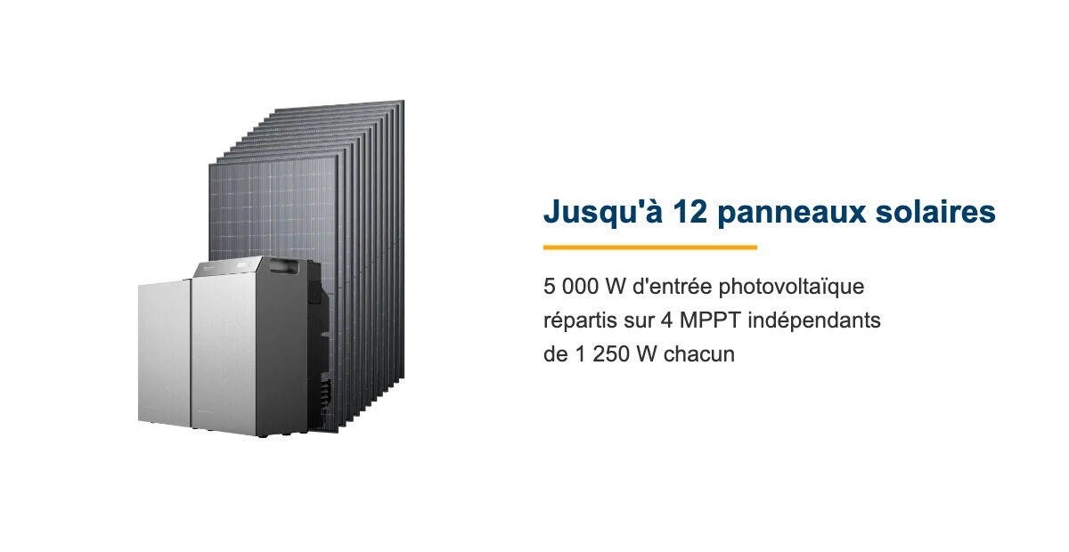 Jusqu’à 12 panneaux solaires et 5 000 W d’entrée PV répartis sur 4 MPPT