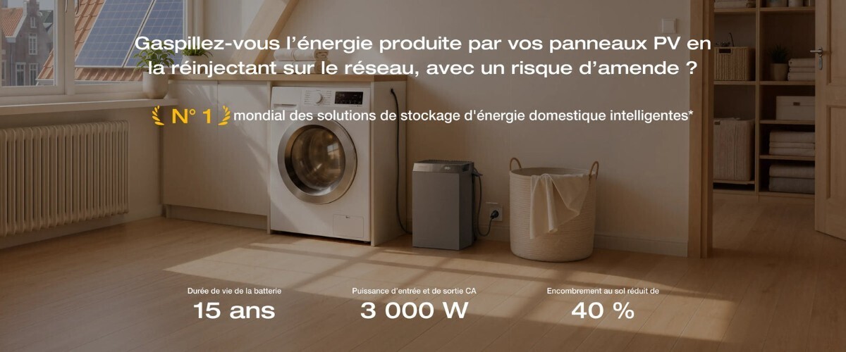 Batterie EcoFlow STREAM AC 5000 installée dans une buanderie pour stocker le surplus solaire
