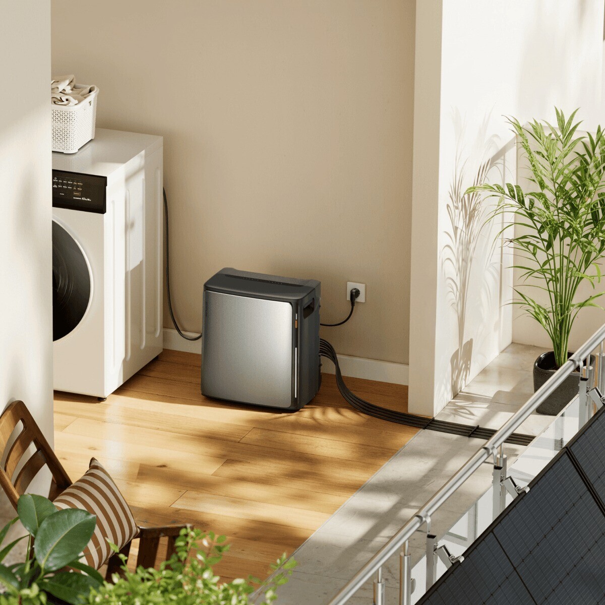 EcoFlow STREAM Ultra X installé dans une buanderie, à côté du lave-linge