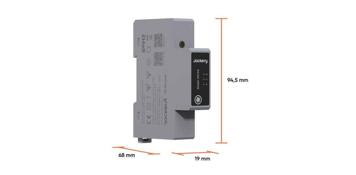 Dimensions du Smart Meter Jackery : 94,5 &times; 68 &times; 19 mm, un seul module sur rail DIN