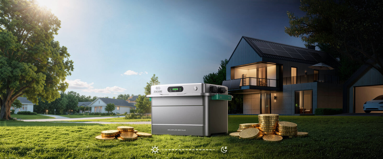Kit Zendure SolarFlow 800 Plus installé au jardin devant une maison