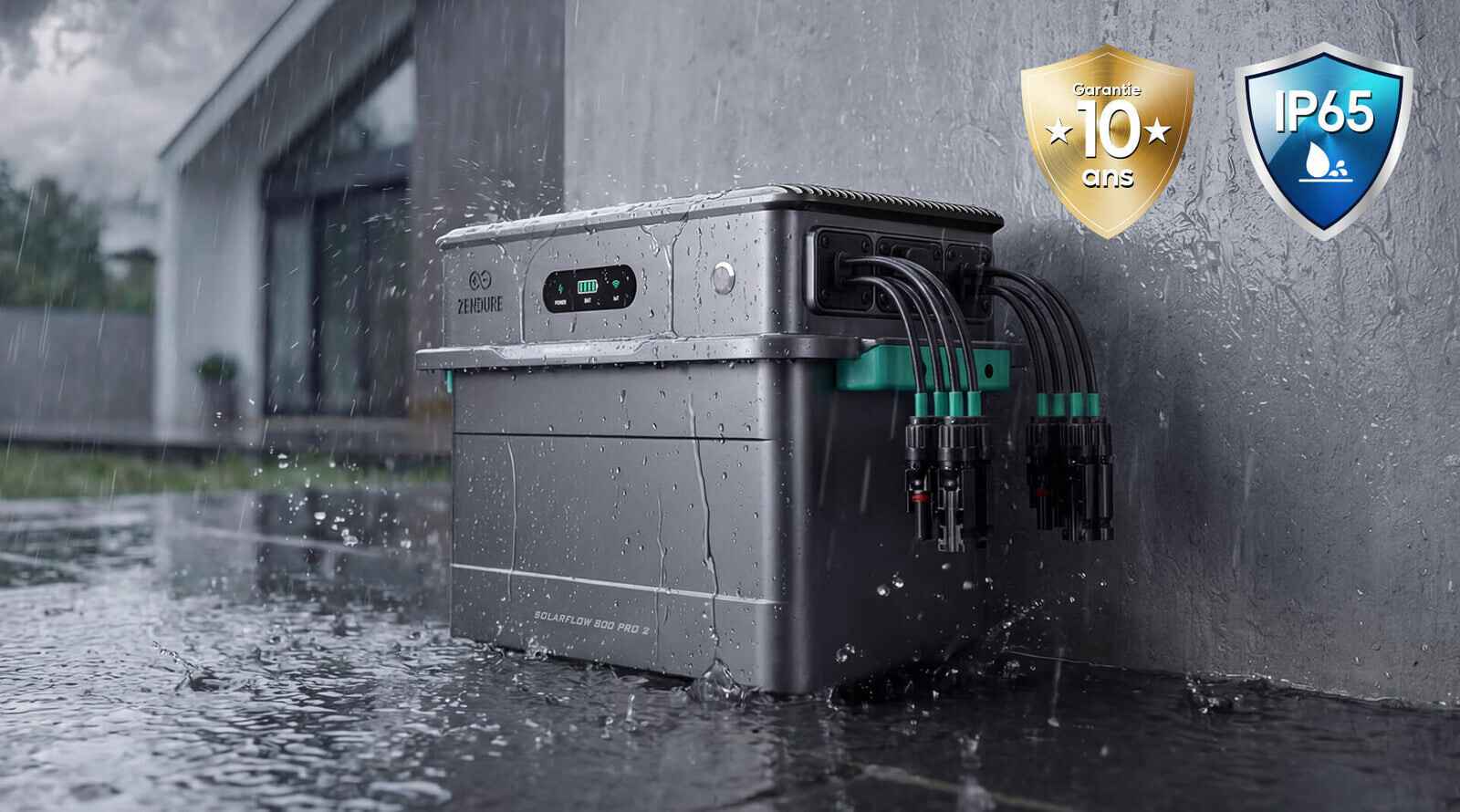 Zendure SolarFlow 800 Pro sous la pluie : indice de protection IP65 et garantie 10 ans