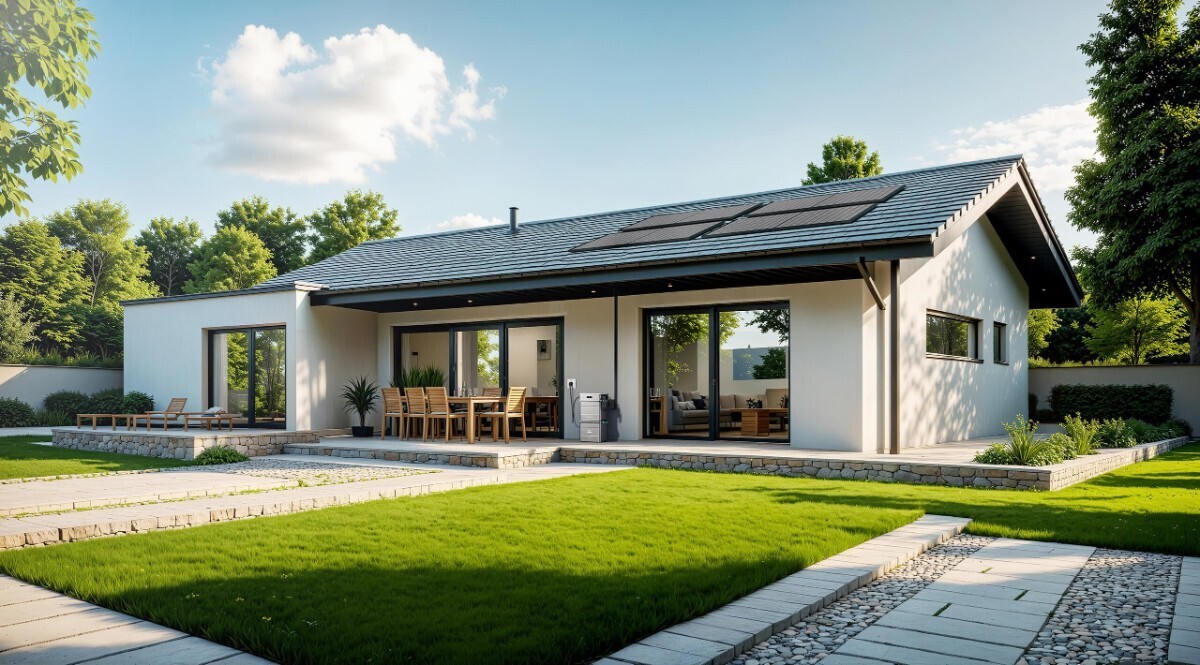Maison équipée de panneaux solaires en toiture et d’un Zendure SolarFlow 800 Pro