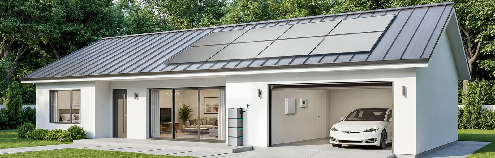 Maison équipée de panneaux solaires en toiture et d'une batterie de stockage